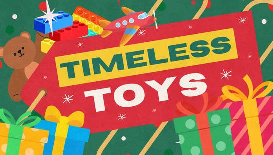 A colorful illustration with 'Timeless Toys' on a tag, surrounded by a teddy bear, building blocks, a toy plane, and brightly wrapped gift boxes.